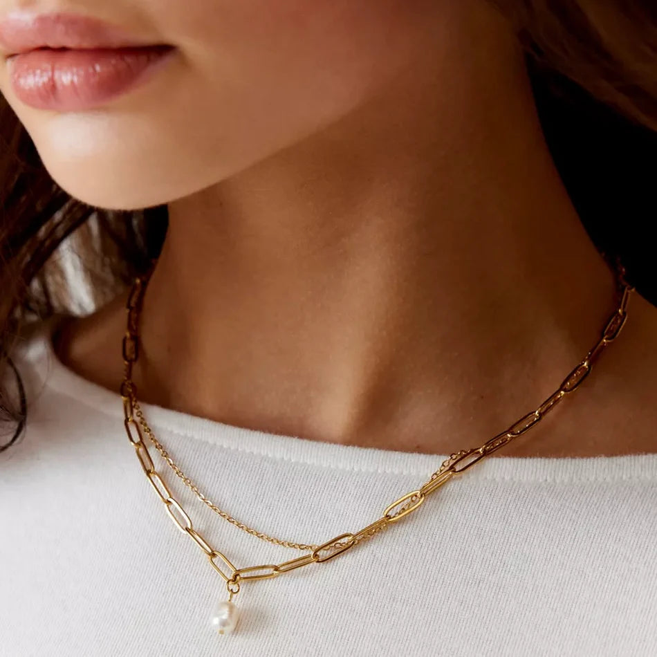 Renee Double Chain Pearl Choker Necklace - Gold 136