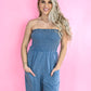 Mineral Washed Strapless Jumpsuit - Blue -