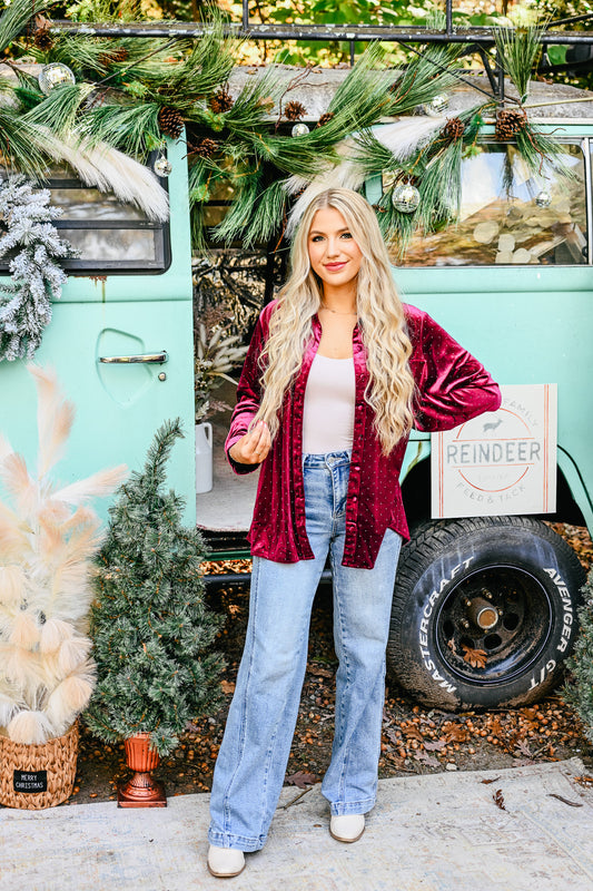 Velvet Wine Studded Button Up