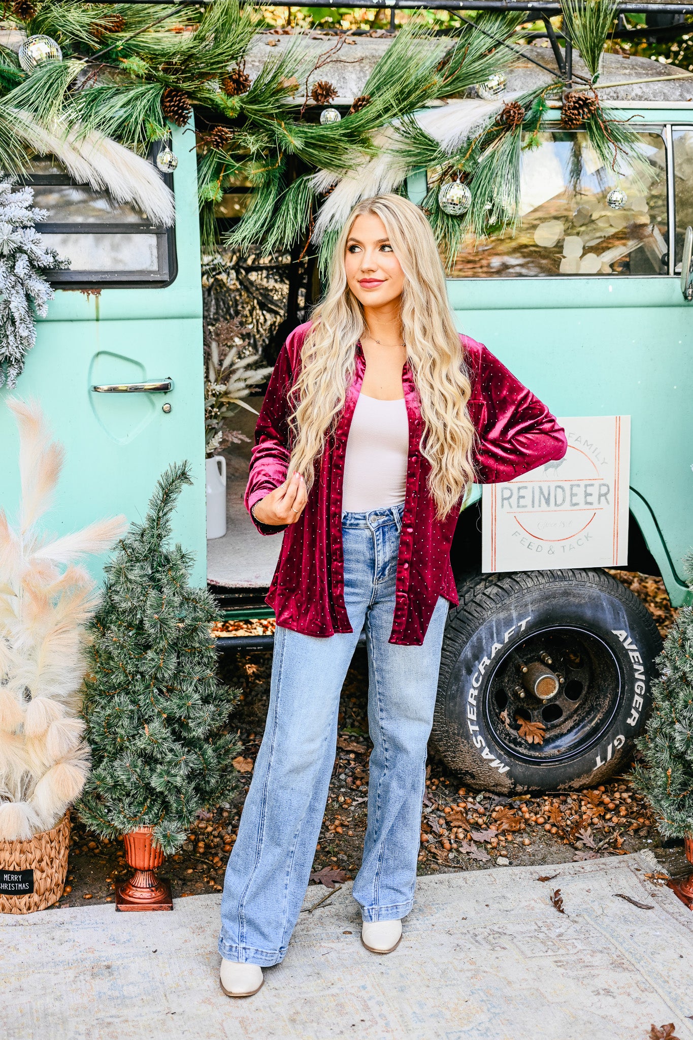 Velvet Wine Studded Button Up