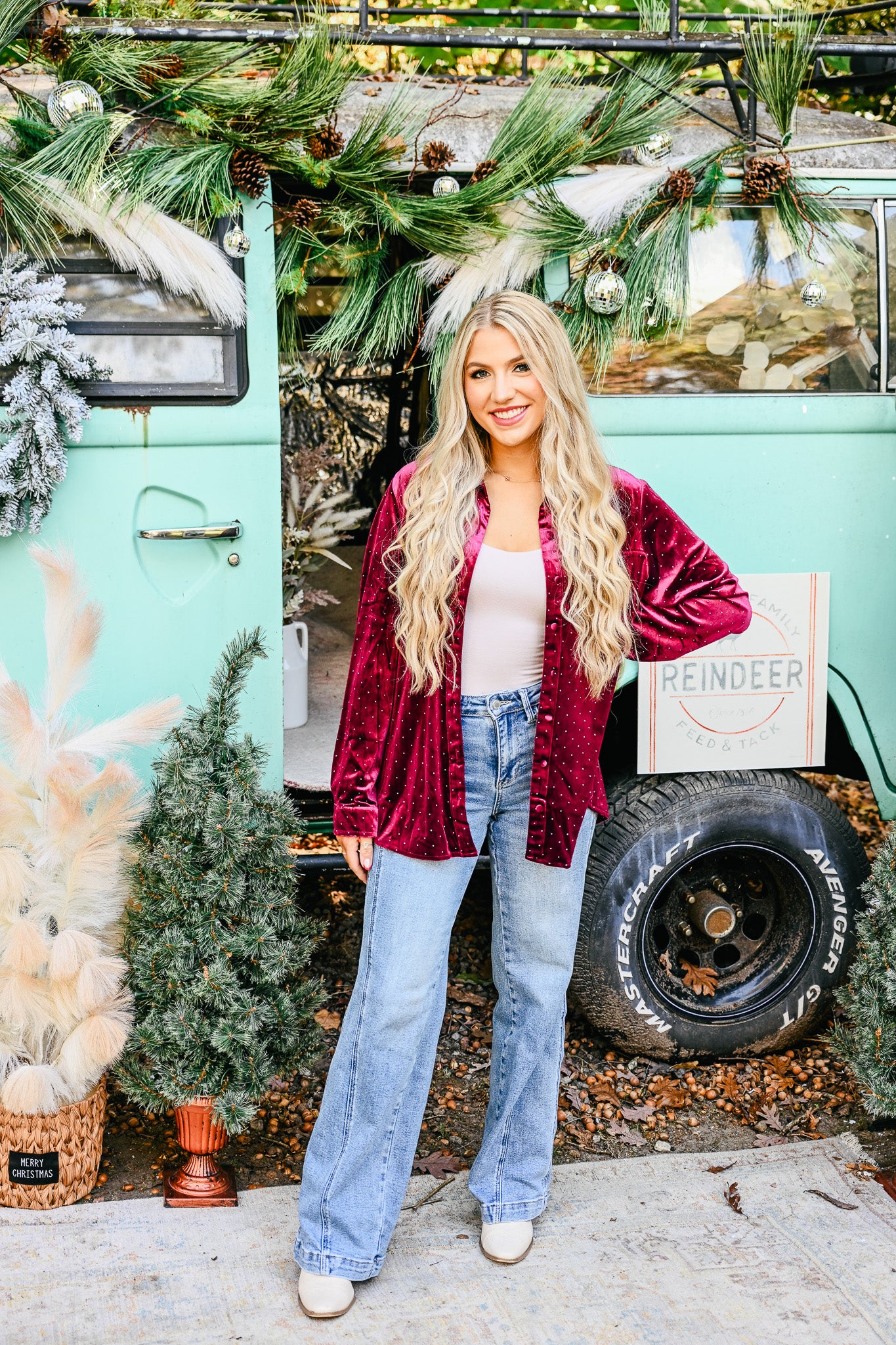 Velvet Wine Studded Button Up