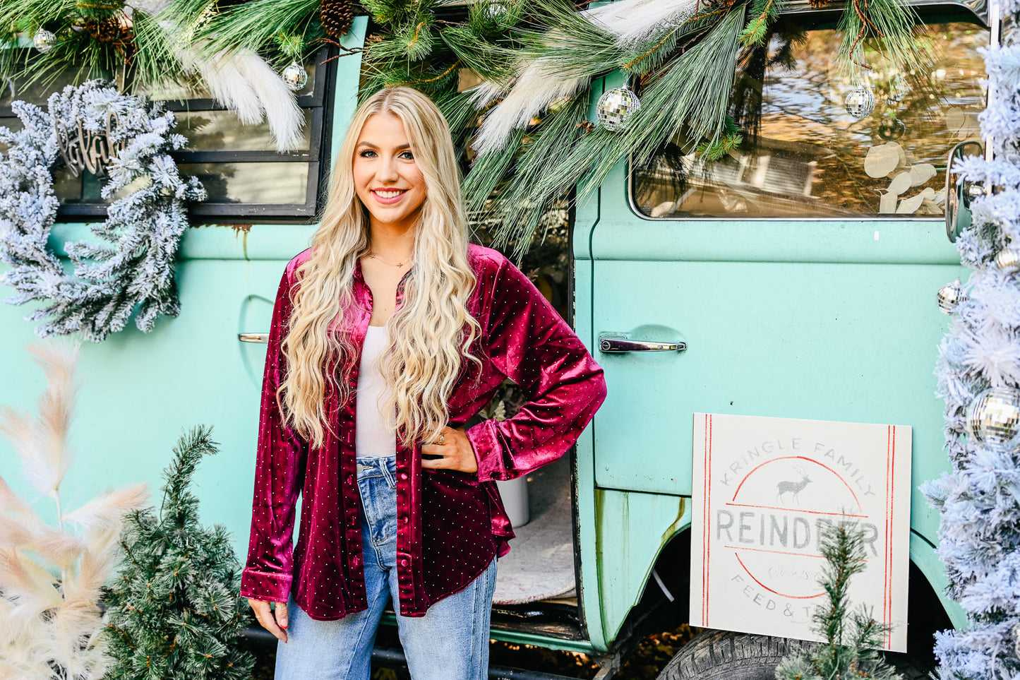 Velvet Wine Studded Button Up