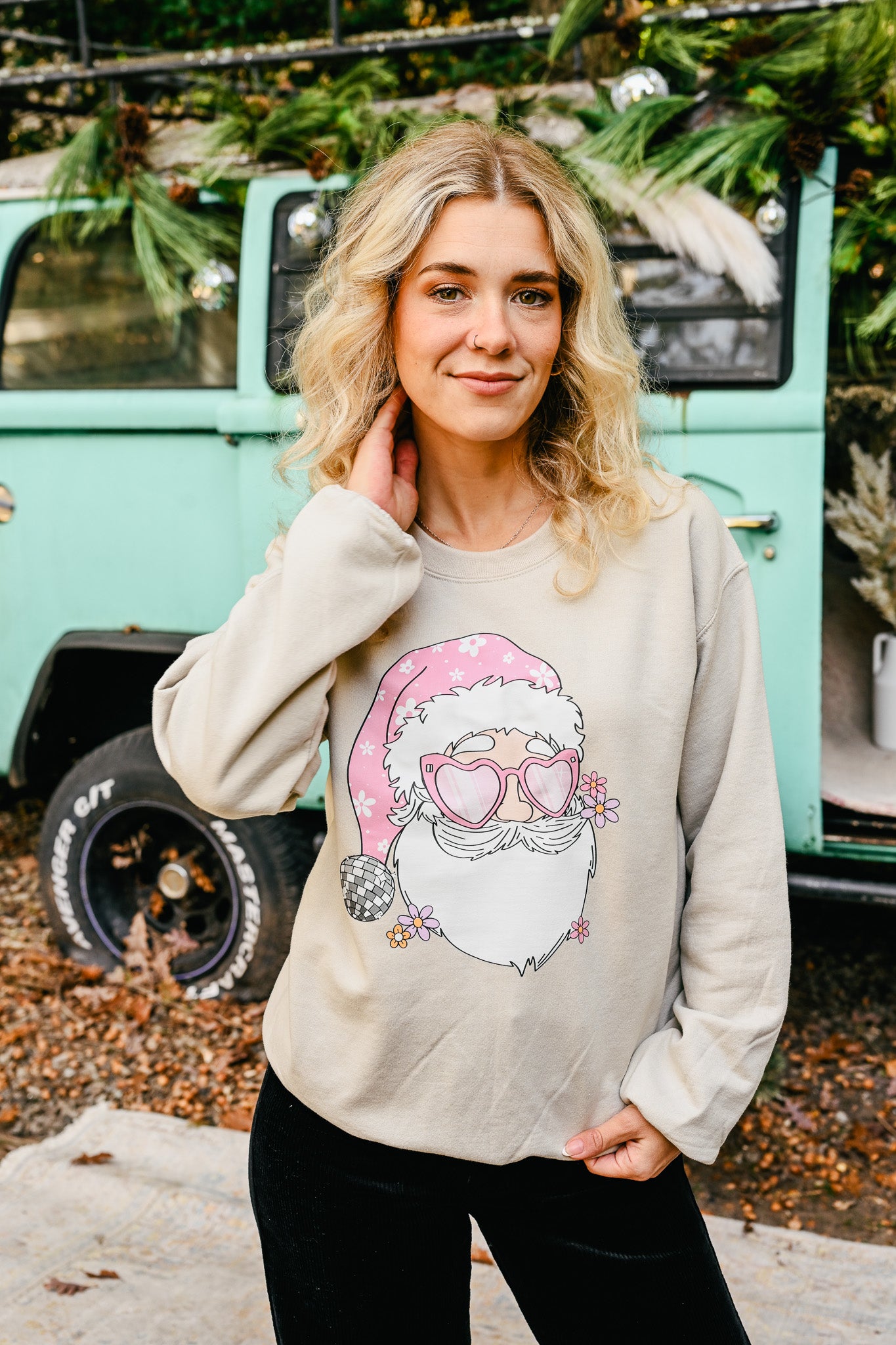 Groovy Santa Head Tan Crewneck