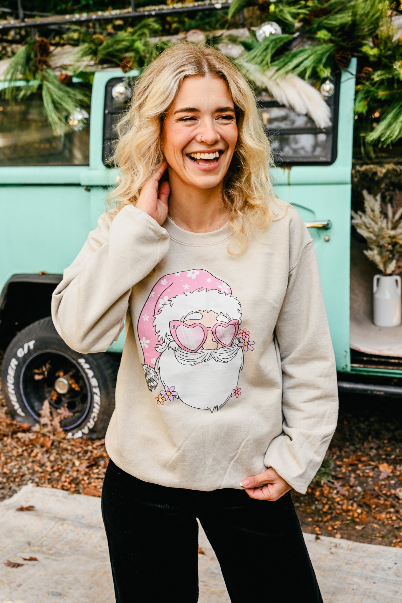 Groovy Santa Head Tan Crewneck