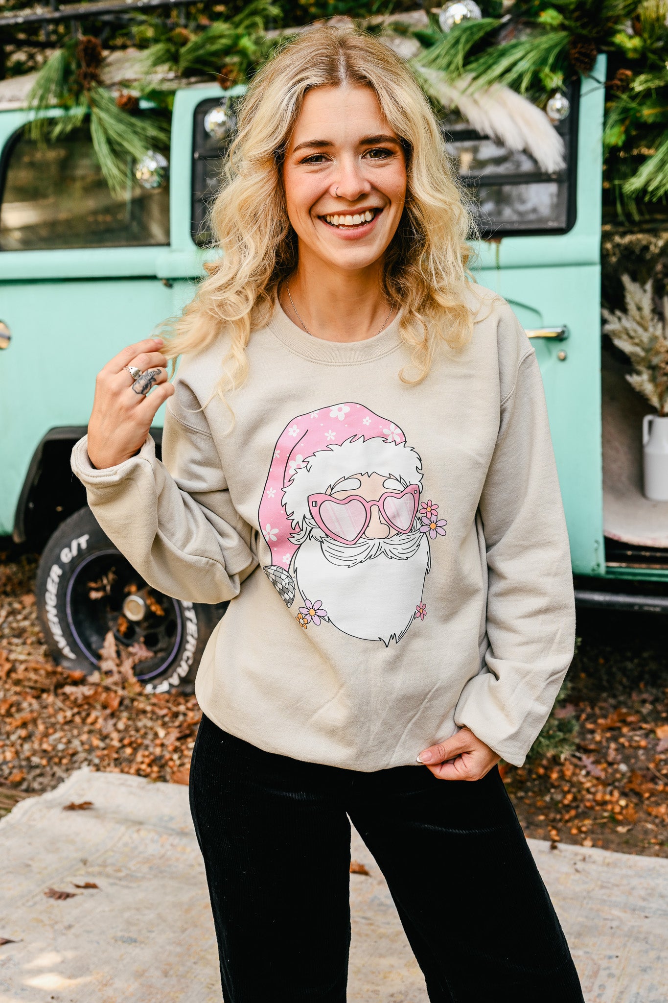 Groovy Santa Head Tan Crewneck