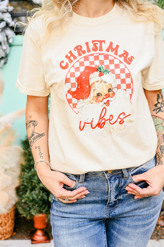 Vintage Santa Red Christmas Vibes Cream Tee