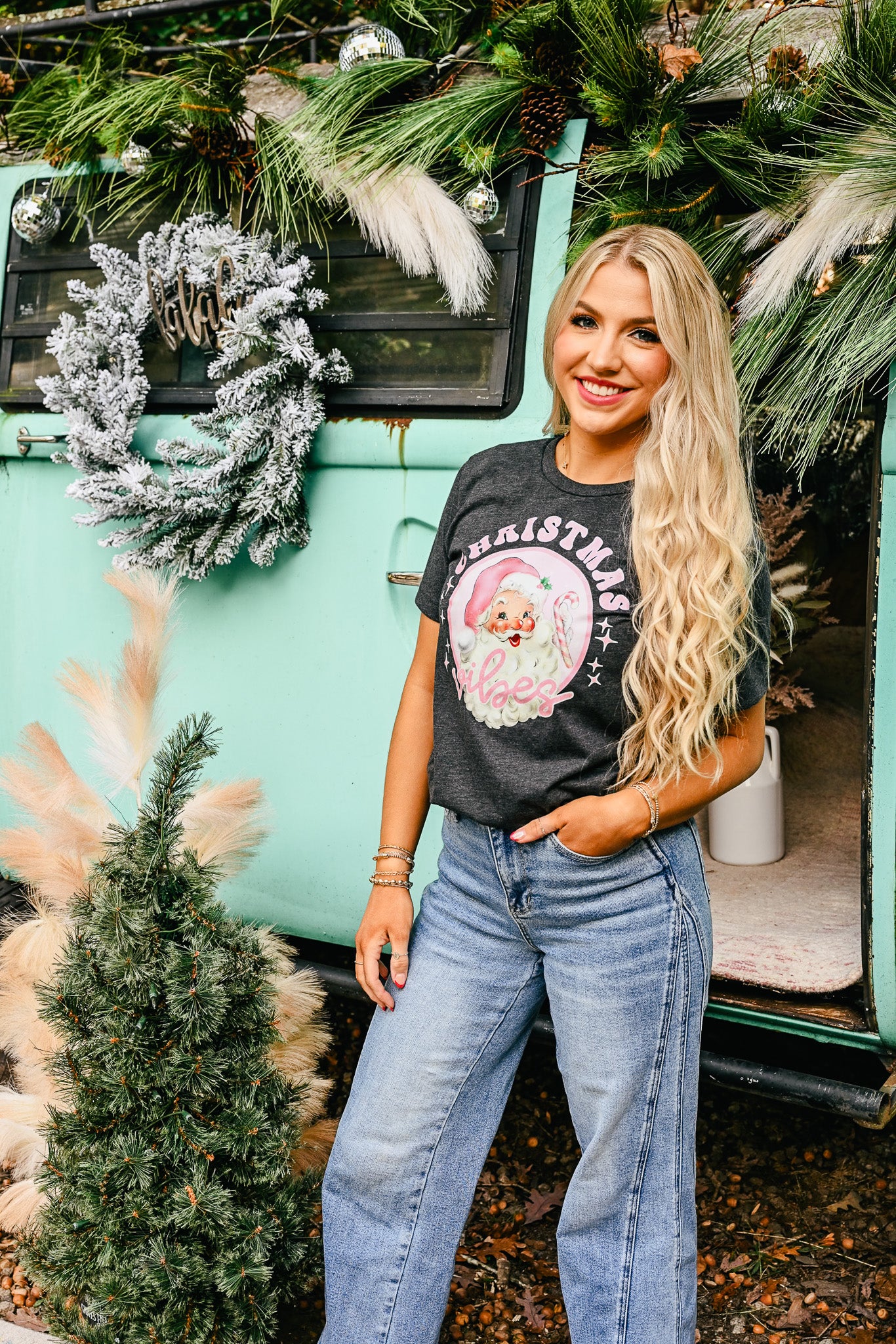 Pink Christmas Vibes Dark Grey Tee -