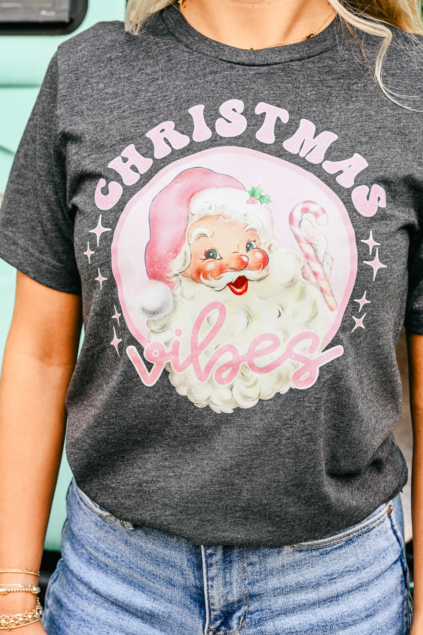 Pink Christmas Vibes Dark Grey Tee -