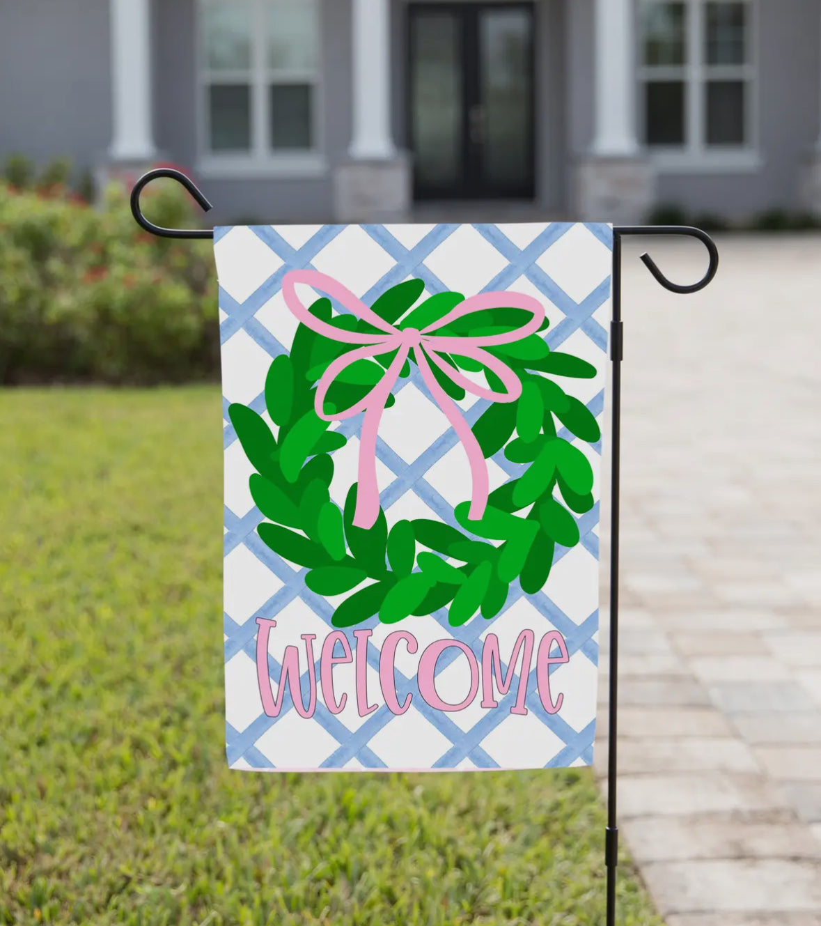 Welcome Pink Boxwood Flag