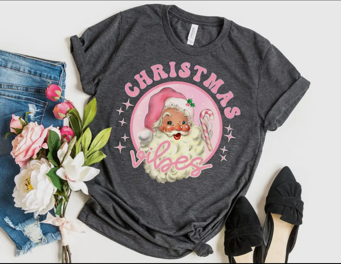 Pink Christmas Vibes Dark Grey Tee -