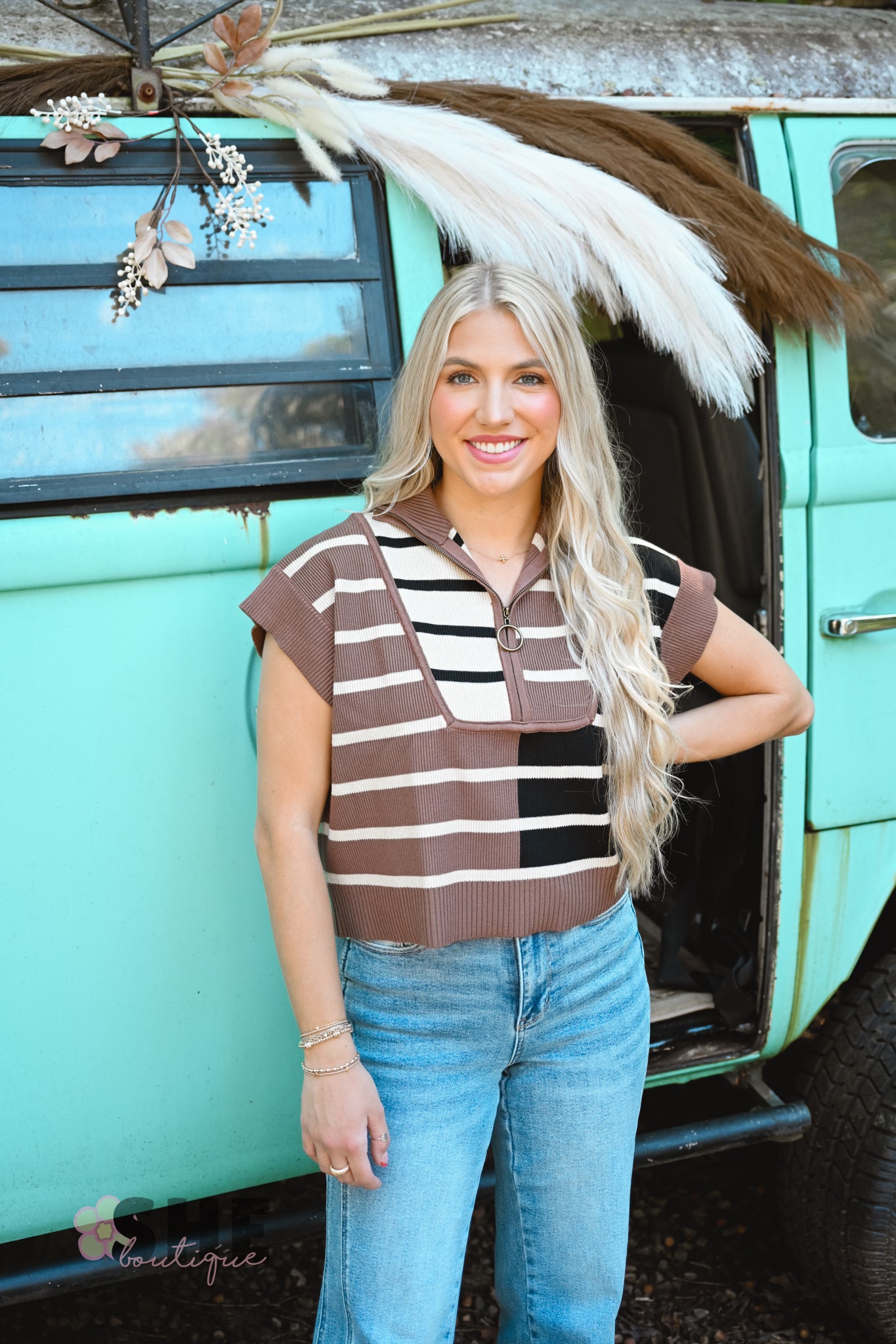 Color Block Stripe Crop Sweater Top