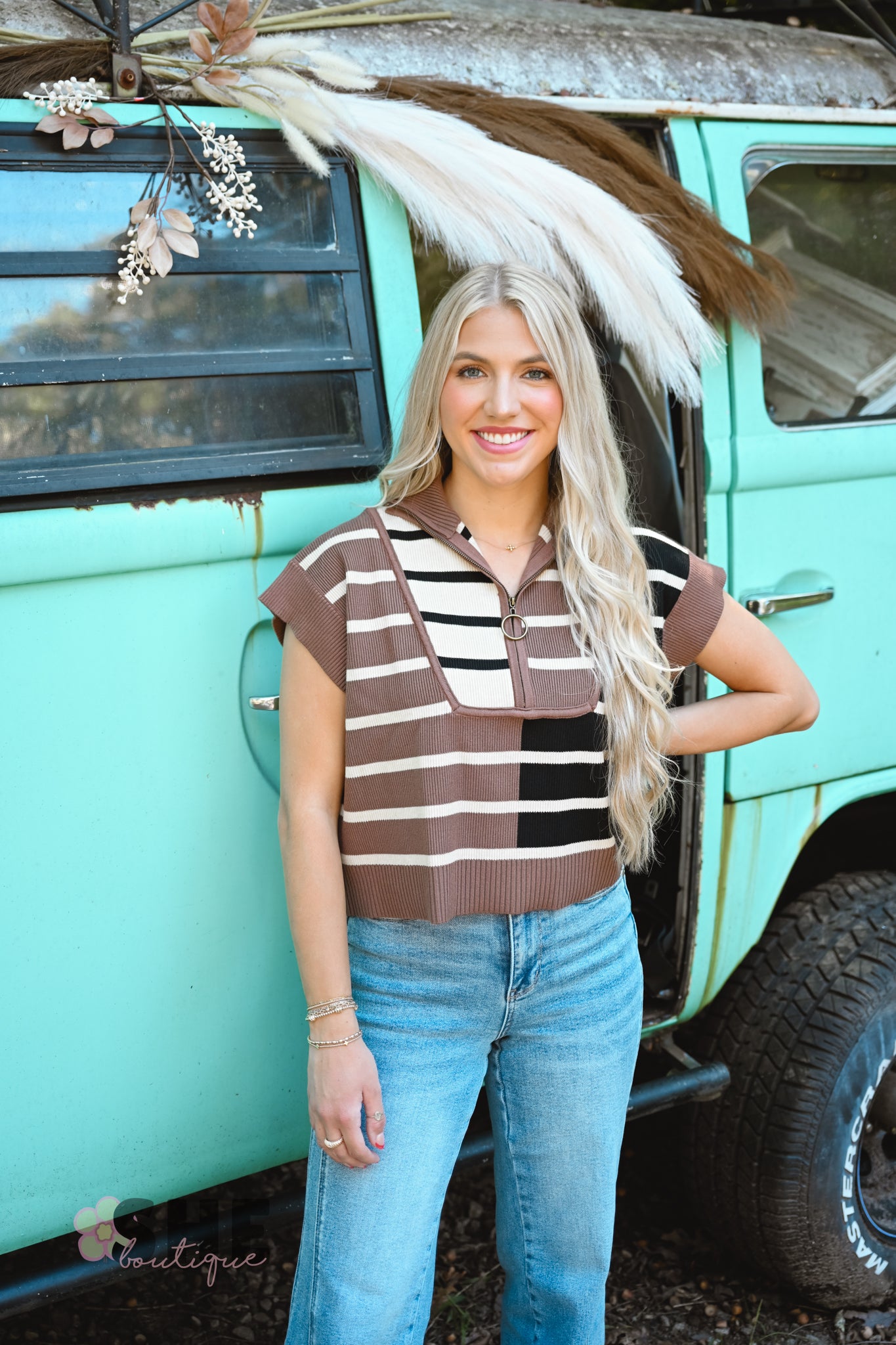 Color Block Stripe Crop Sweater Top