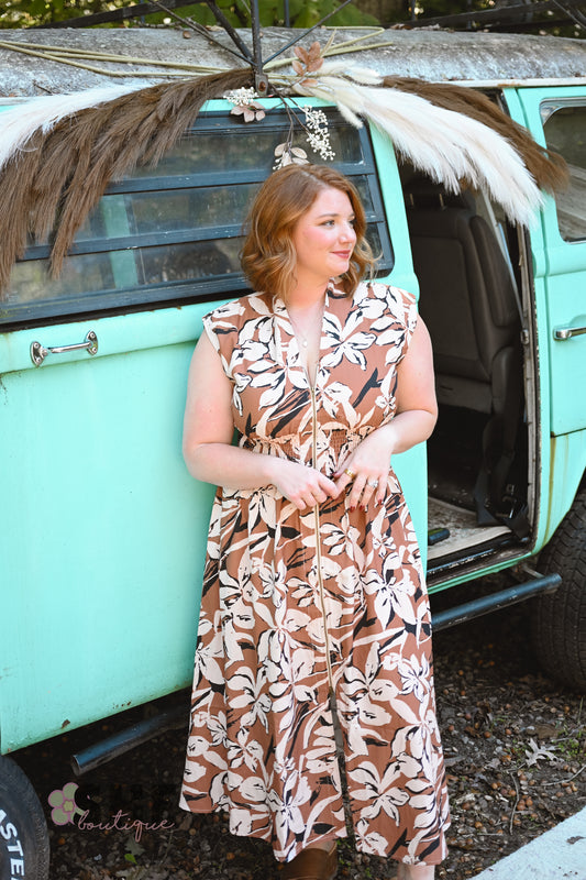 Caramel Floral Zip Up Dress