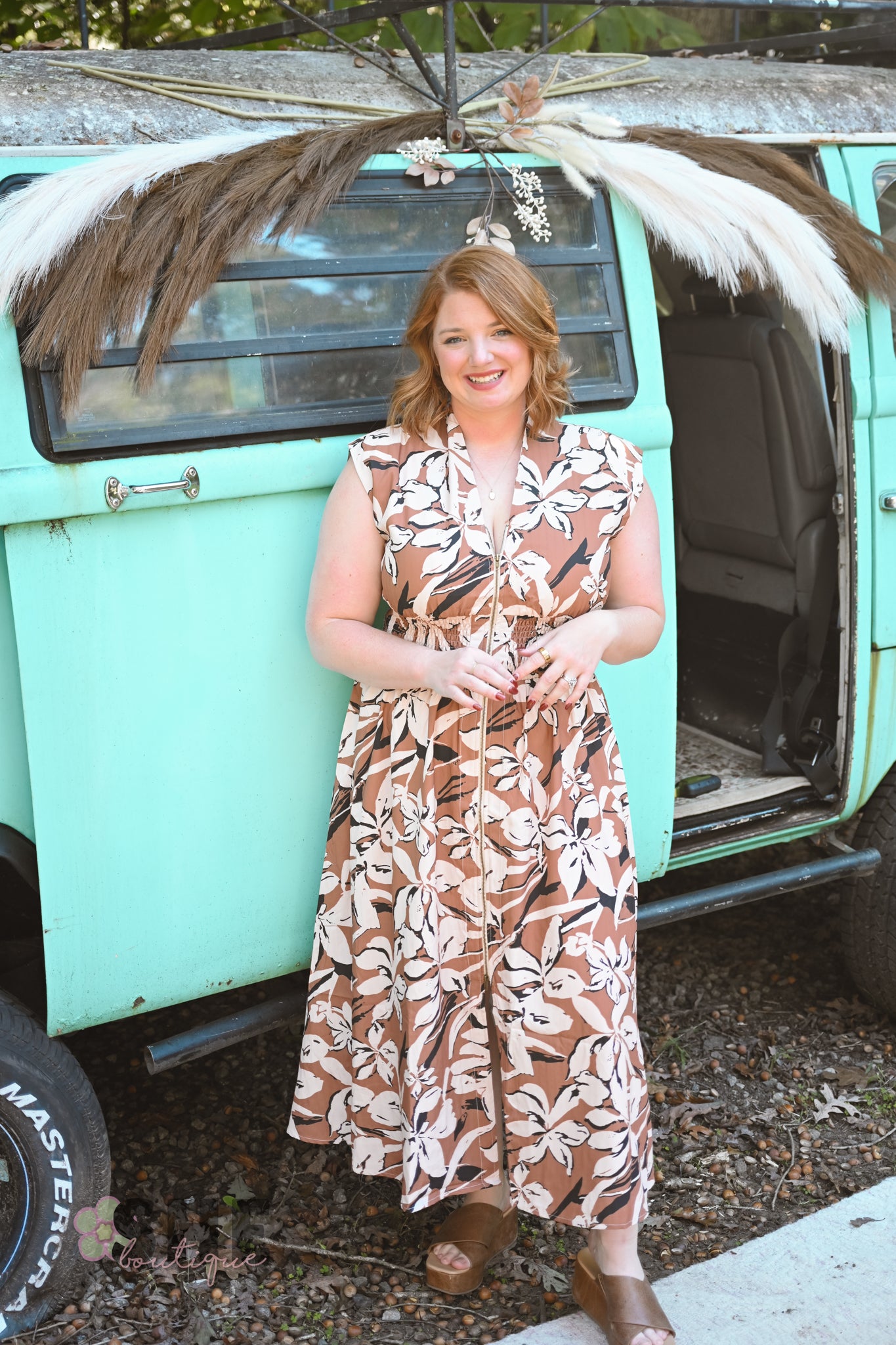 Caramel Floral Zip Up Dress