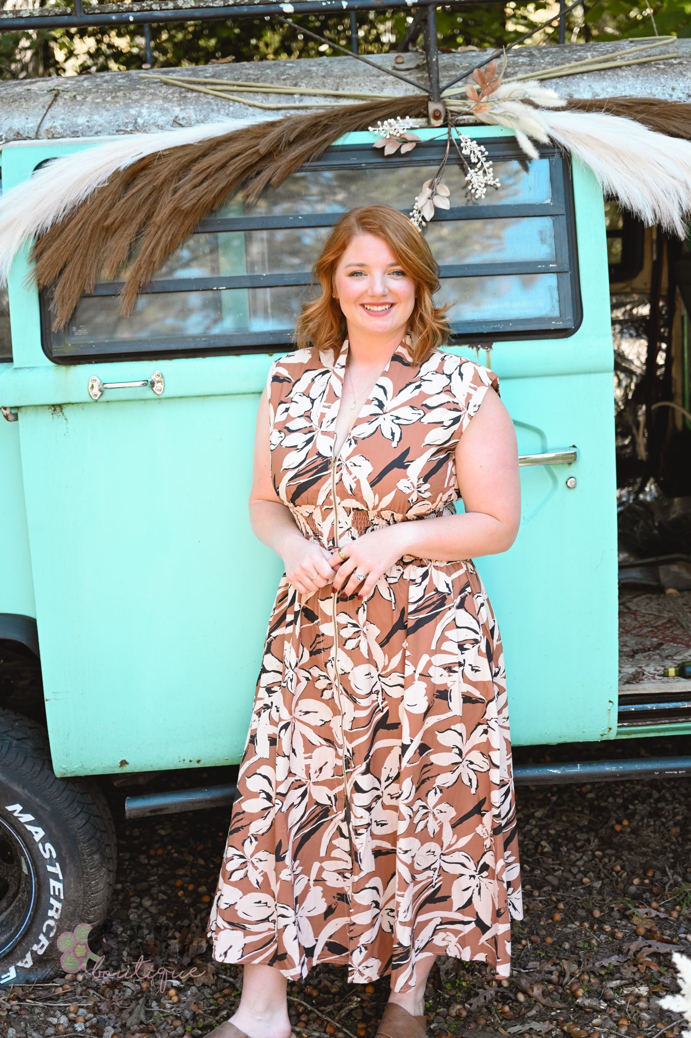 Caramel Floral Zip Up Dress