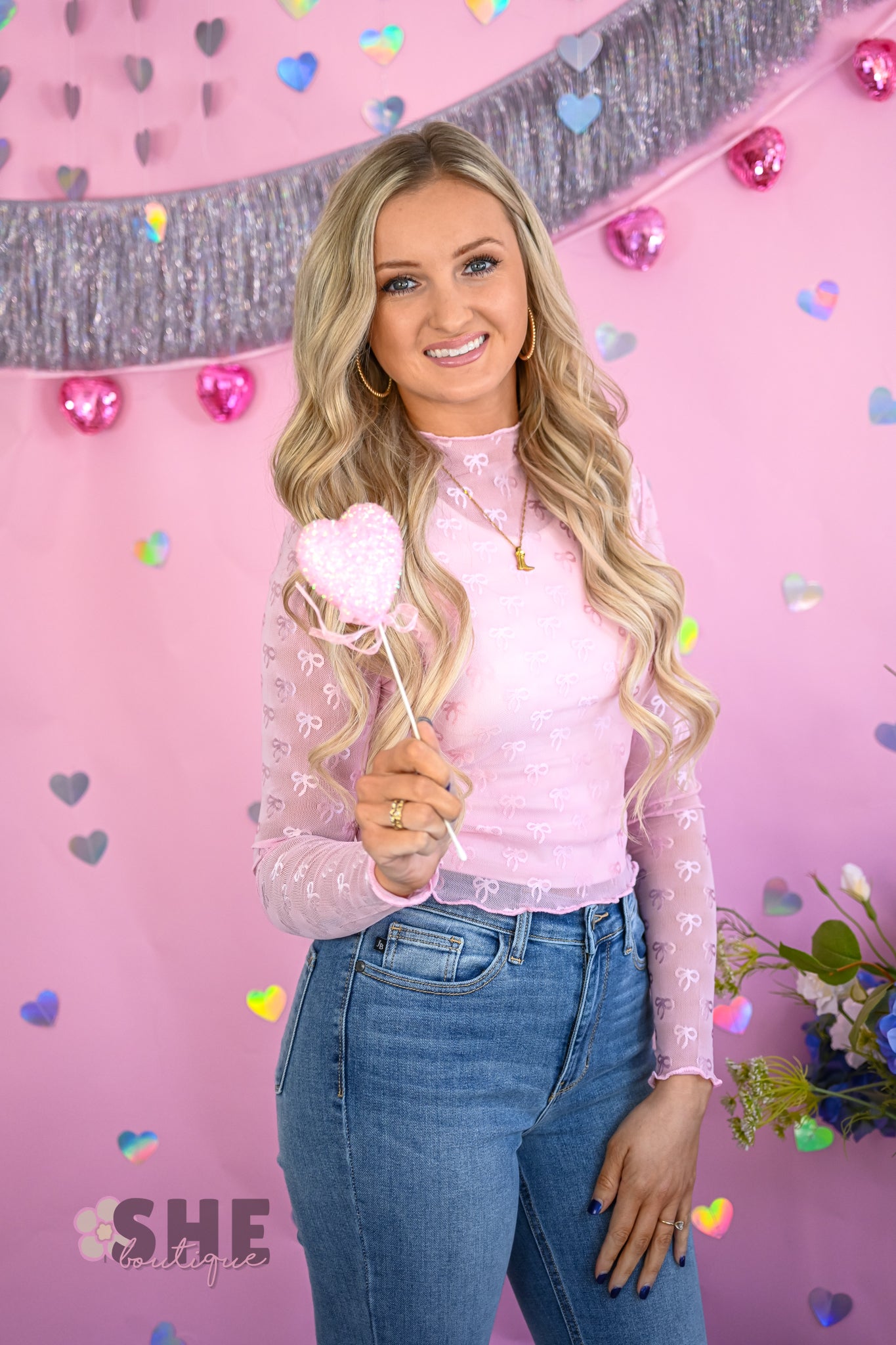 Pink Bow Fitted Lace Top