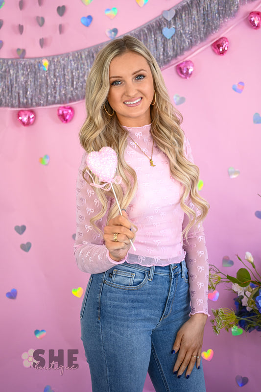 Pink Bow Fitted Lace Top