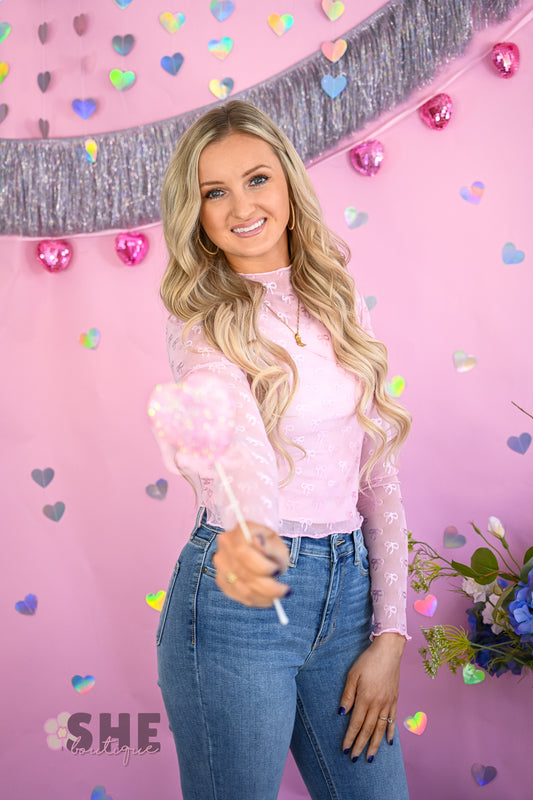 Pink Bow Fitted Lace Top