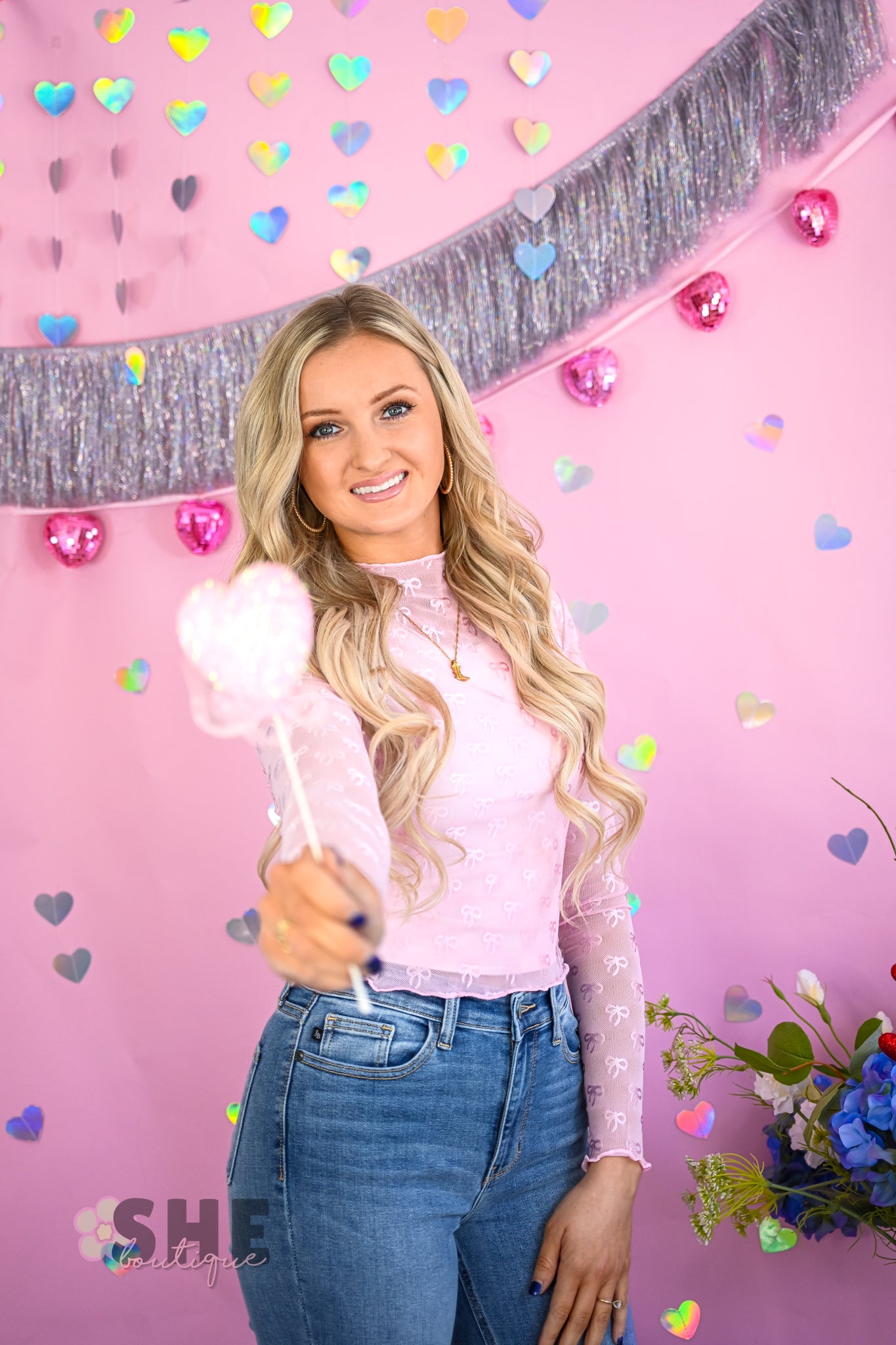 Pink Bow Fitted Lace Top