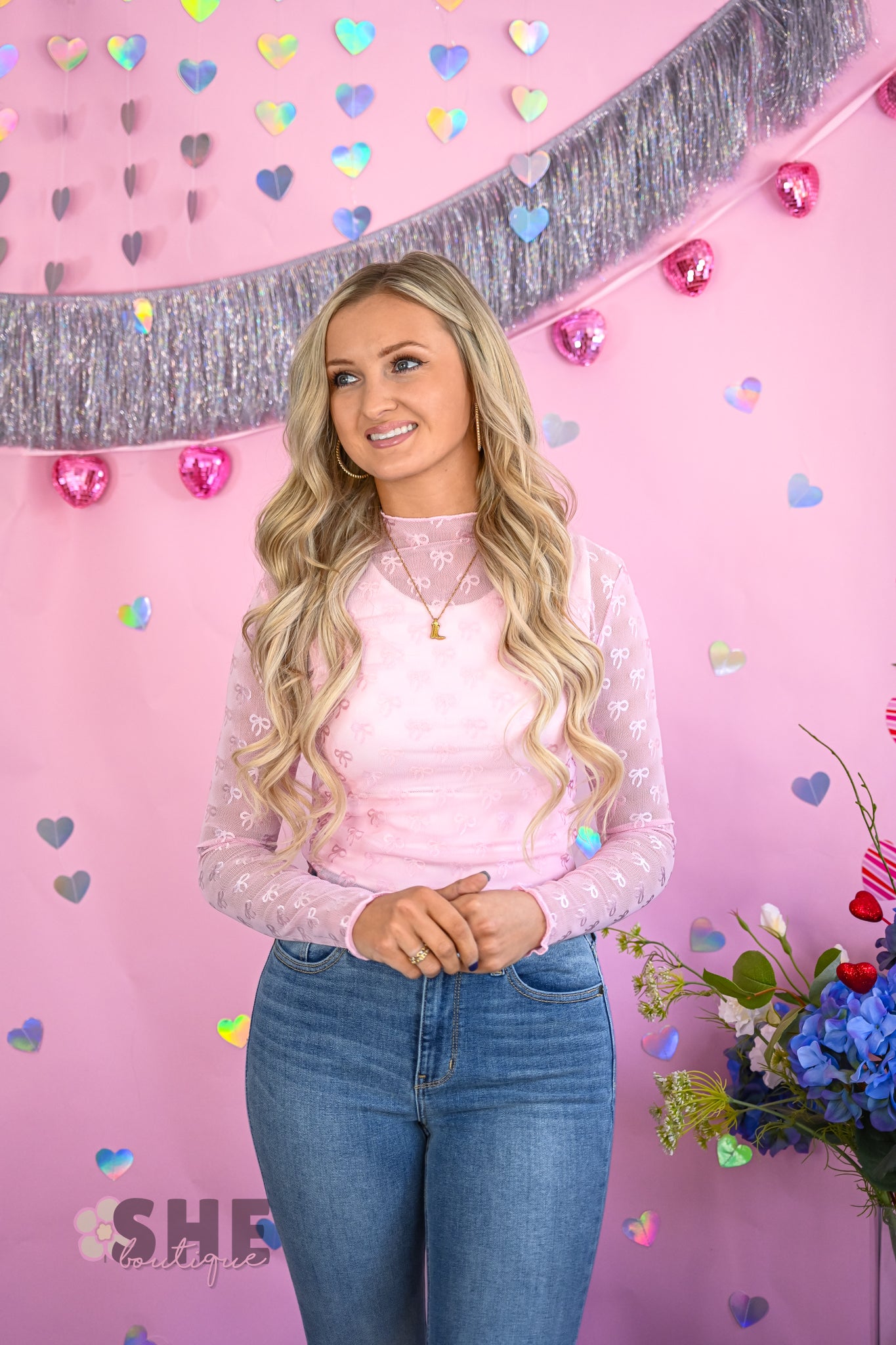 Pink Bow Fitted Lace Top