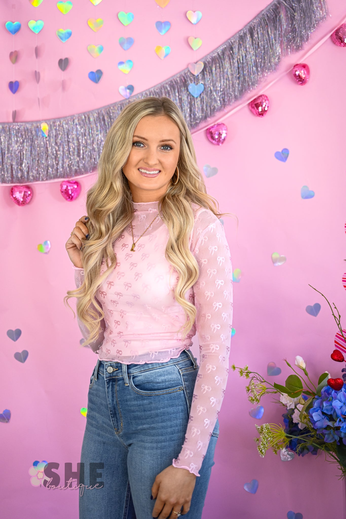 Pink Bow Fitted Lace Top