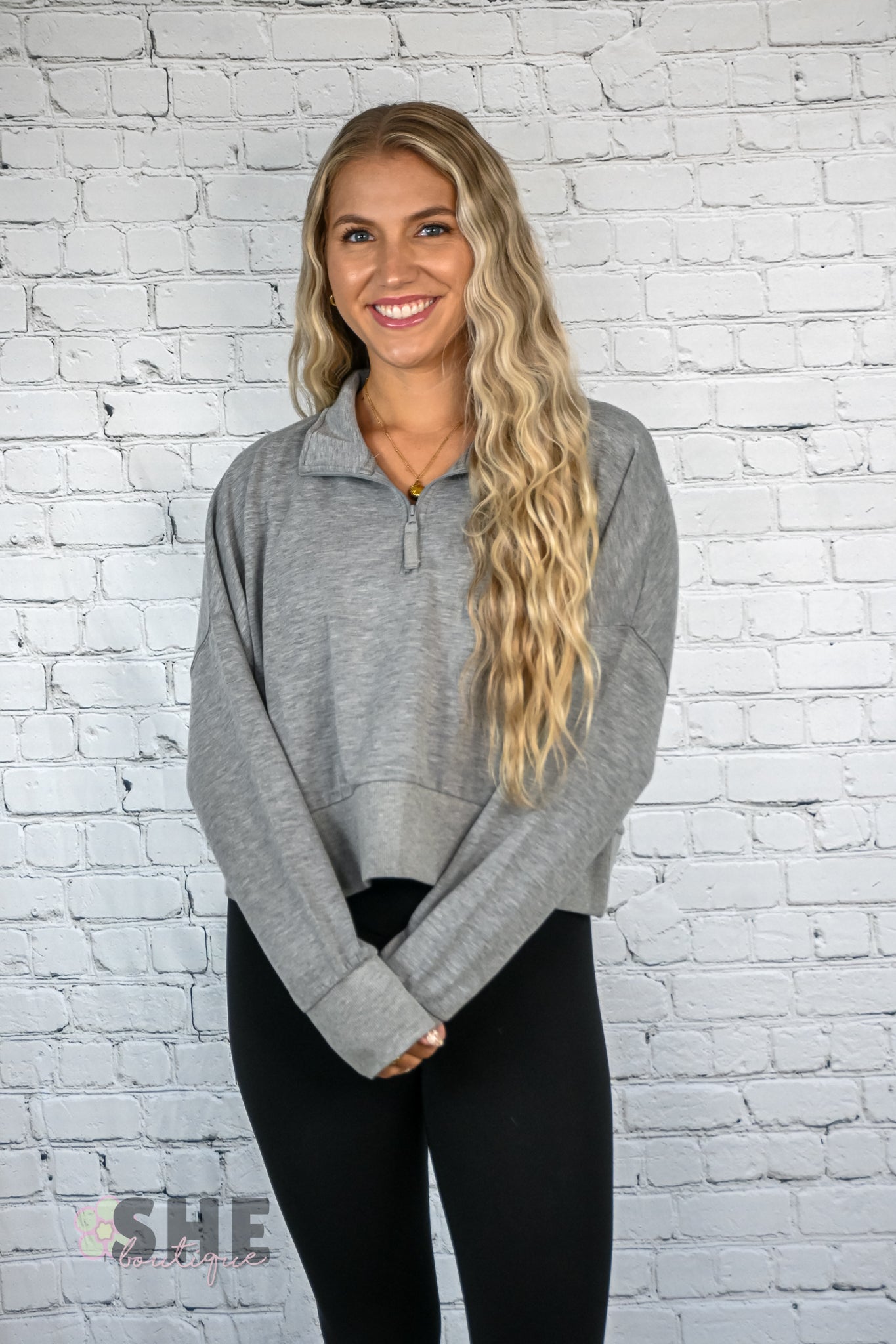 Grey Cropped Quarter Zip Pullover -