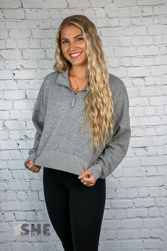 Grey Cropped Quarter Zip Pullover -