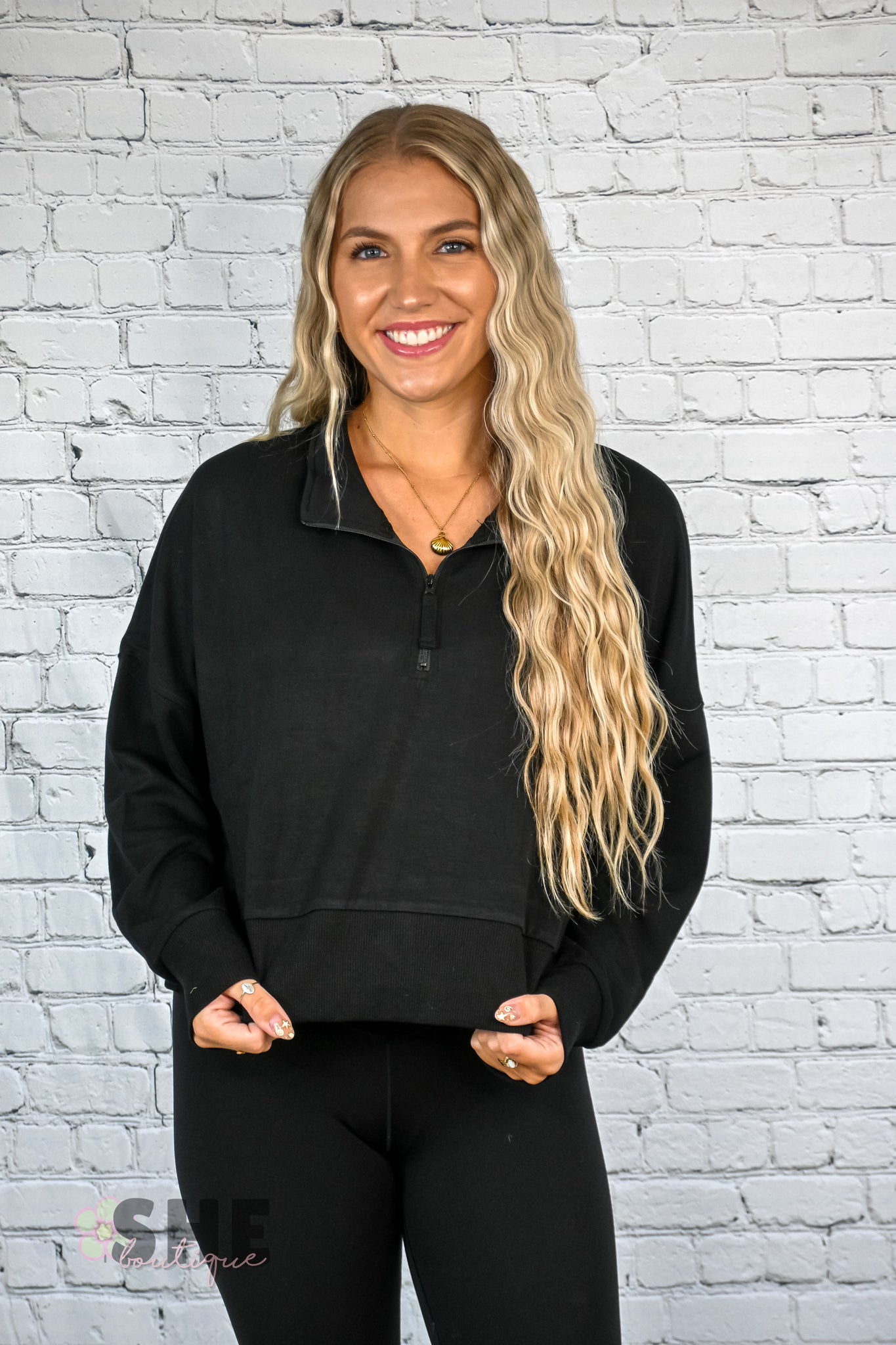 Black Cropped Quarter Zip Pullover -