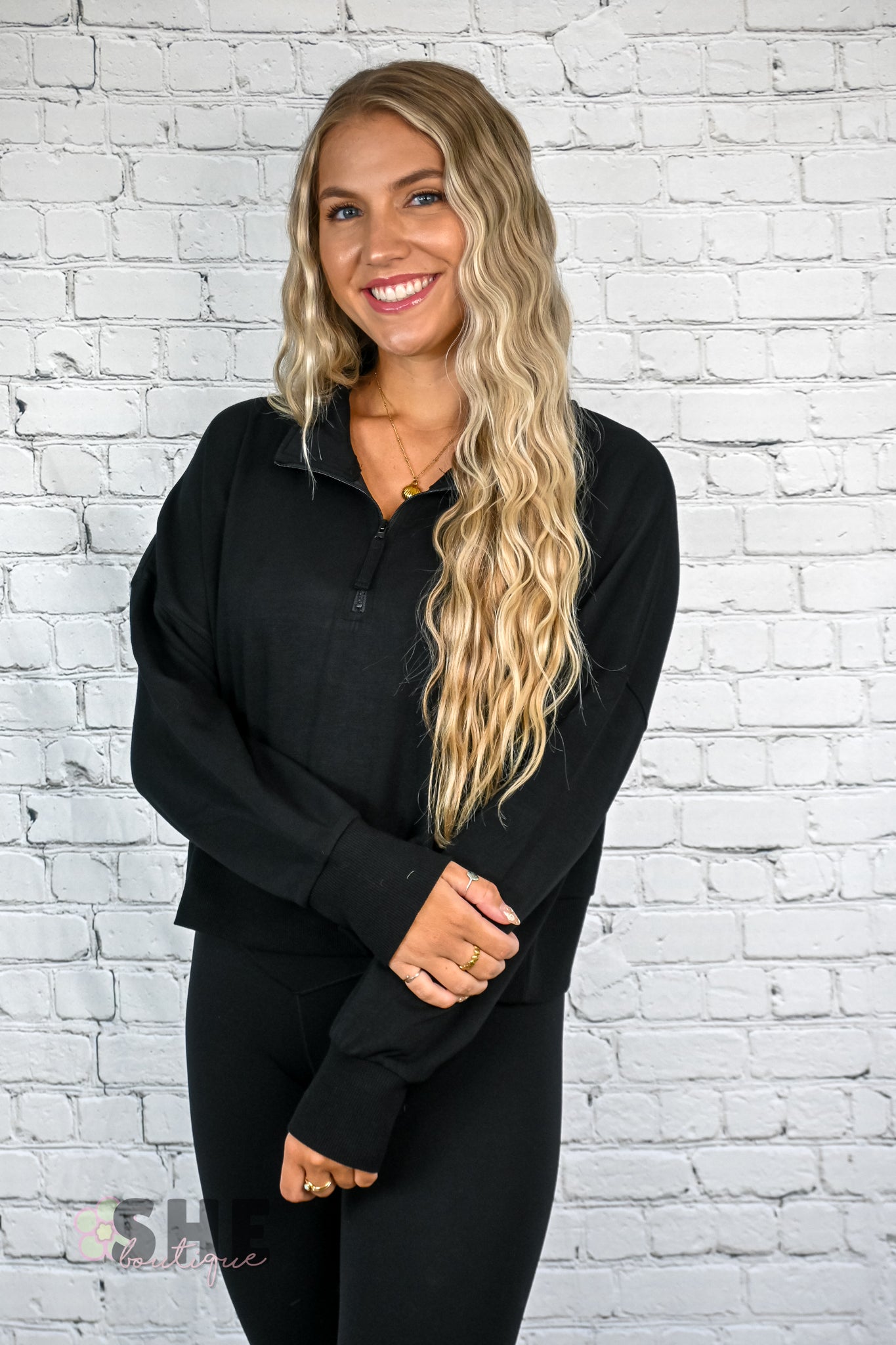 Black Cropped Quarter Zip Pullover -