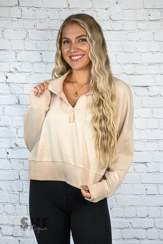 Cream Cropped Quarter Zip Pullover -