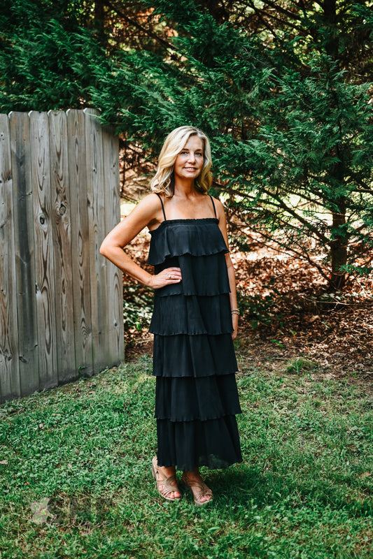 Ruffled Down Black Dress -