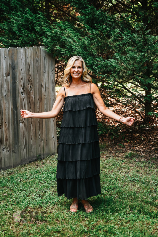 Ruffled Down Black Dress -