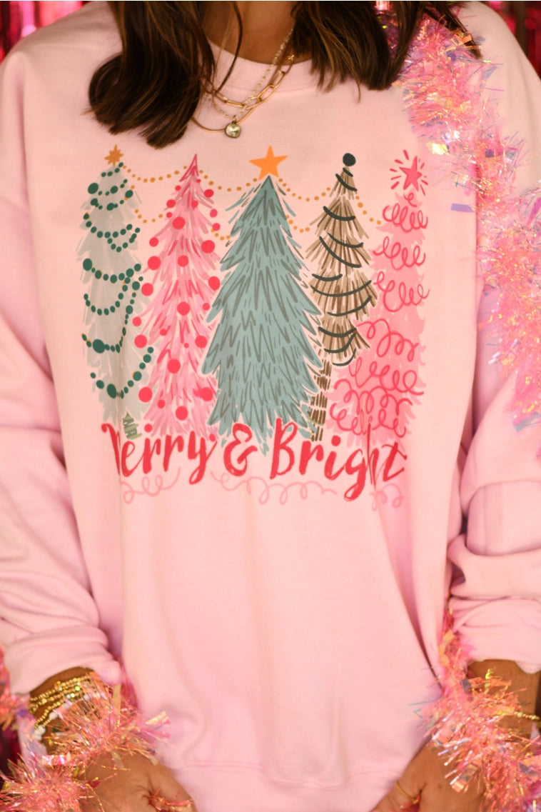 Merry and Bright Christmas Trees Pink Crewneck