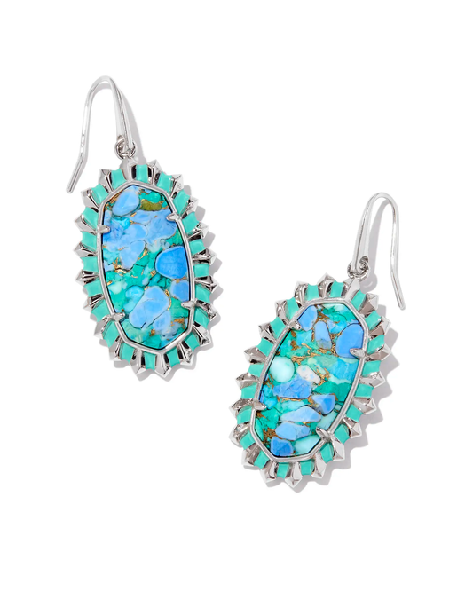 DANI COLOR BURST FRAME DROP EARRINGS IN SILVER BRONZE VEINED AQUA MAGNESITE