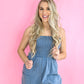 Mineral Washed Strapless Jumpsuit - Blue -