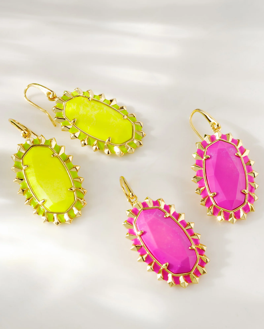 DANI COLOR BURST FRAME DROP EARRINGS IN GOLD NEON PINK MAGNESITE