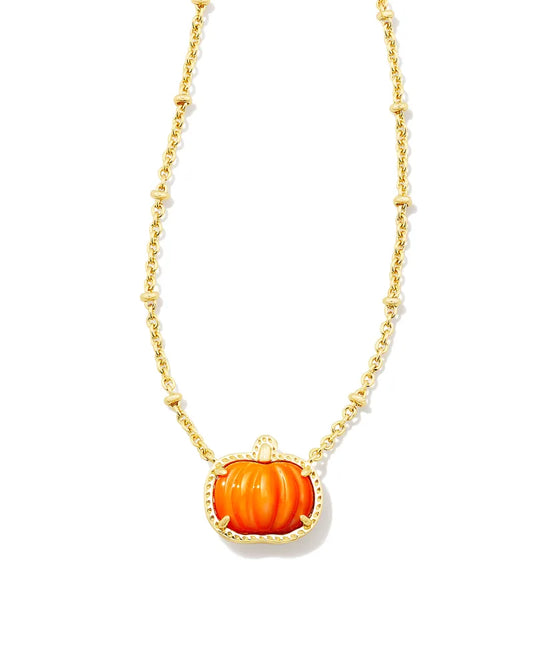 PUMPKIN SHORT PENDANT NECKLACE GOLD ORANGE MOTHER OF PEARL