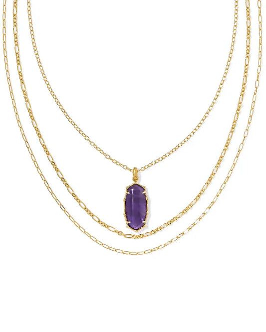 ELLE BAMBOO FRAME TRIPLE STRAND NECKLACE GOLD DARK PURPLE AMETHYST