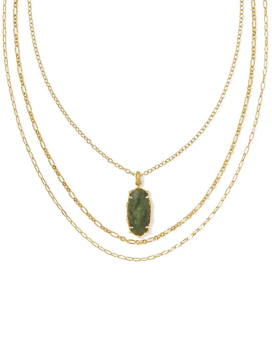 ELLE BAMBOO FRAME TRIPLE STRAND NECKLACE GOLD SAGE SERPENTINE