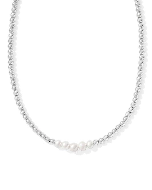 Eve Beaded Strand Necklace Rhodium White Pearl