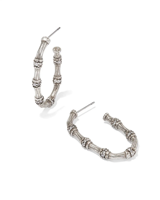 MAURA BAMBOO HOOP EARRINGS VINTAGE SILVER WHITE CRYSTAL