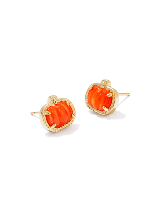 PUMPKIN STUD EARRINGS GOLD ORANGE MOTHER OF PEARL