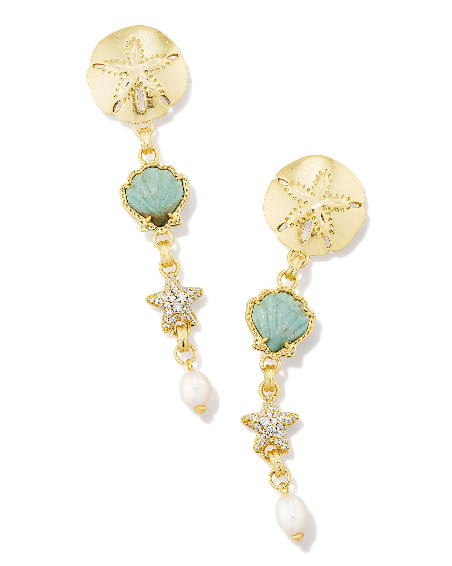 BRYNNE SHELL LINEAR EARRINGS IN GOLD SEA GREEN CHRYSOCOLLA