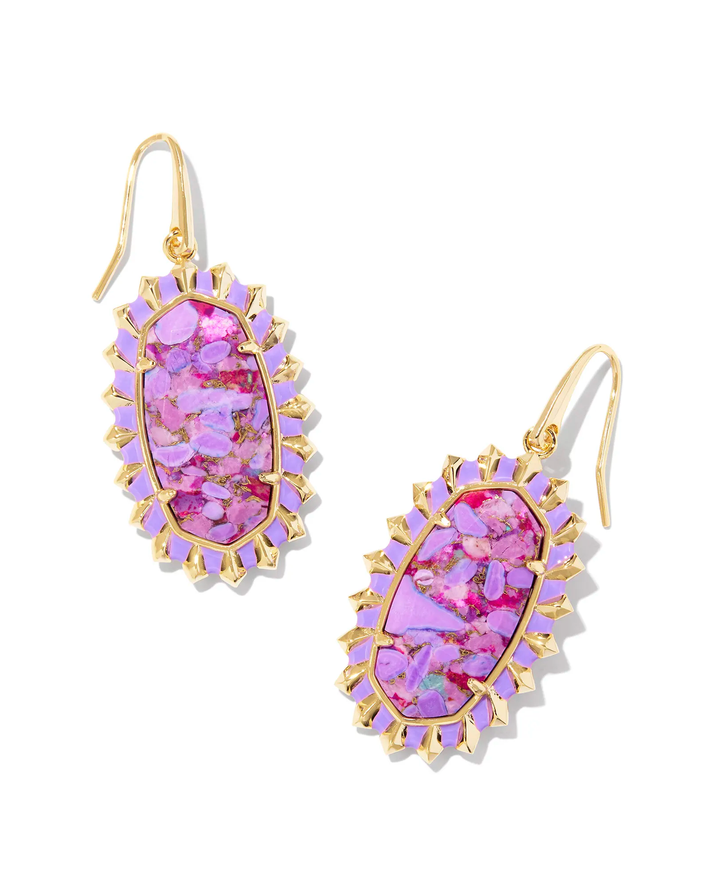 DANI COLOR BURST FRAME DROP EARRINGS IN GOLD BRONZE VEINED VIOLET MAGNESITE