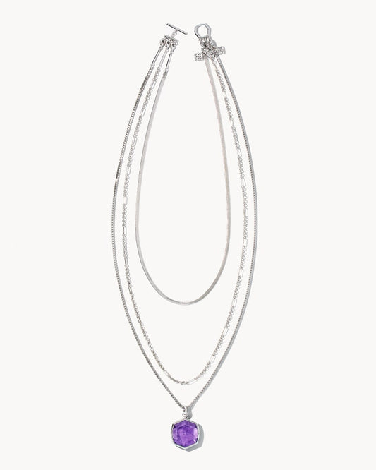 Davis Triple Chain Necklace Rhodium Purple Mica