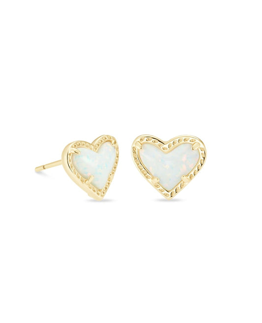 Ari Heart Gold Stud Earrings In White Kyocera Opal