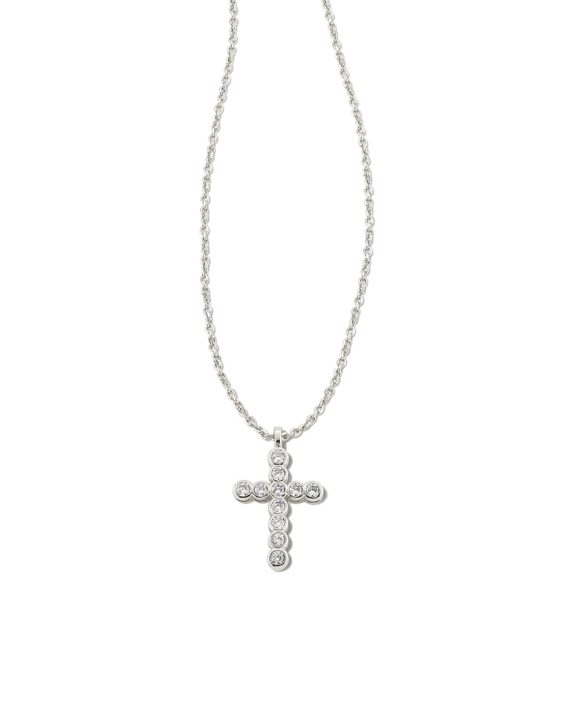 Cross Crystal Pendant Necklace Rhodium White Crystal