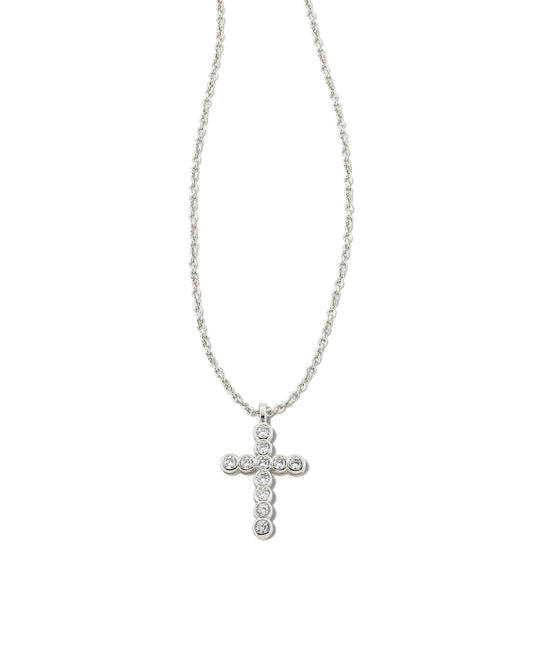 Cross Crystal Pendant Necklace Rhodium White Crystal